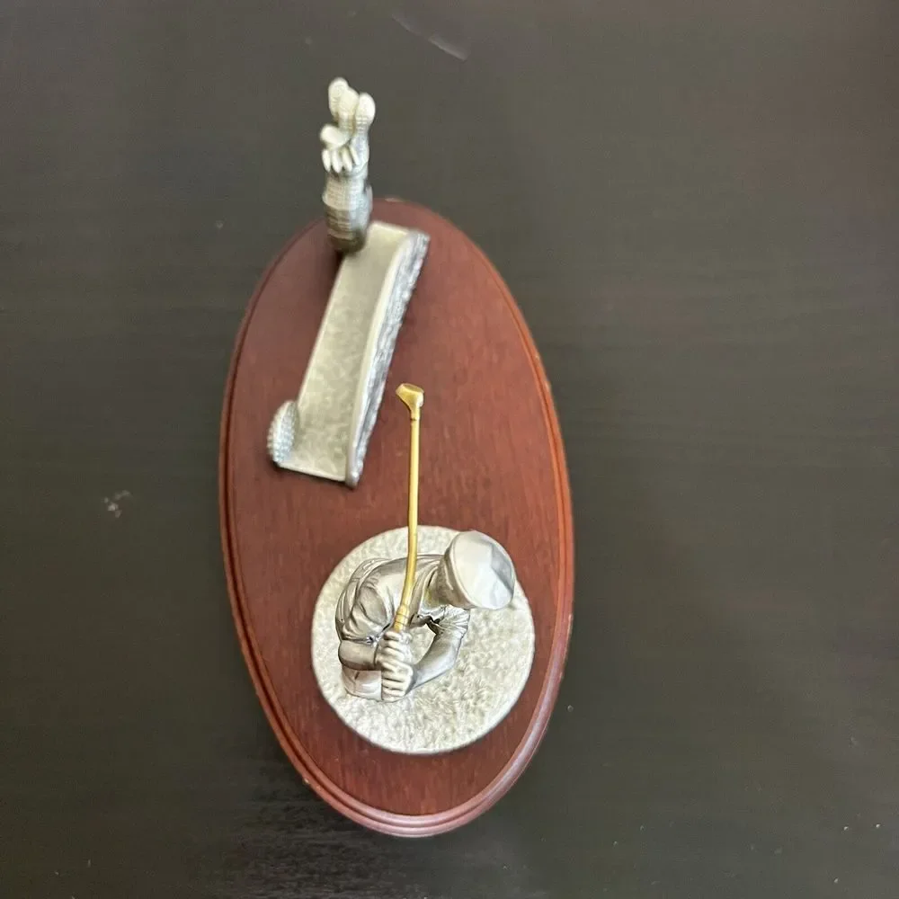 Vintage Golfer Business Card Holder Pewter Wood Office Golf Library W T Wilson‎